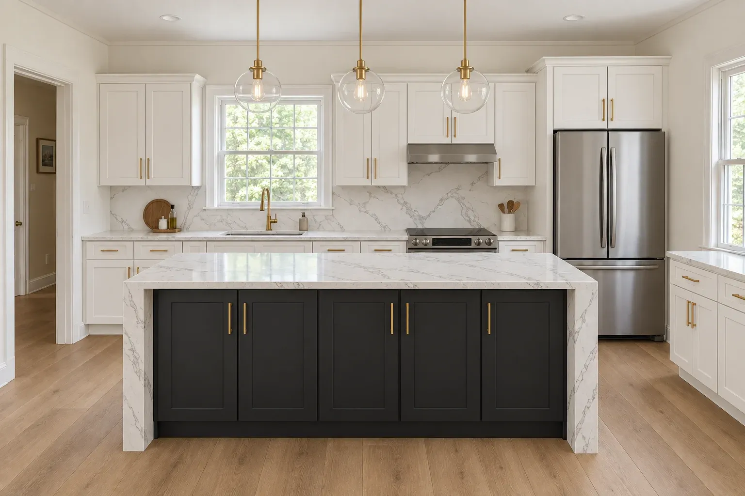 The same kitchen after remodeling with white shaker cabinets, a charcoal island and a slab backsplash