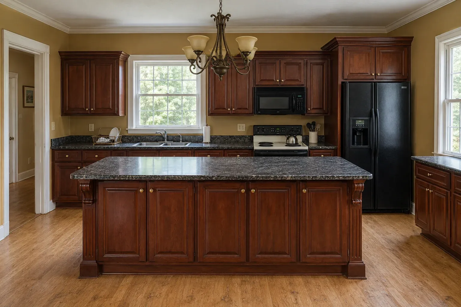 Cherry raised-panel kitchen with black appliances and a chandelier before remodeling