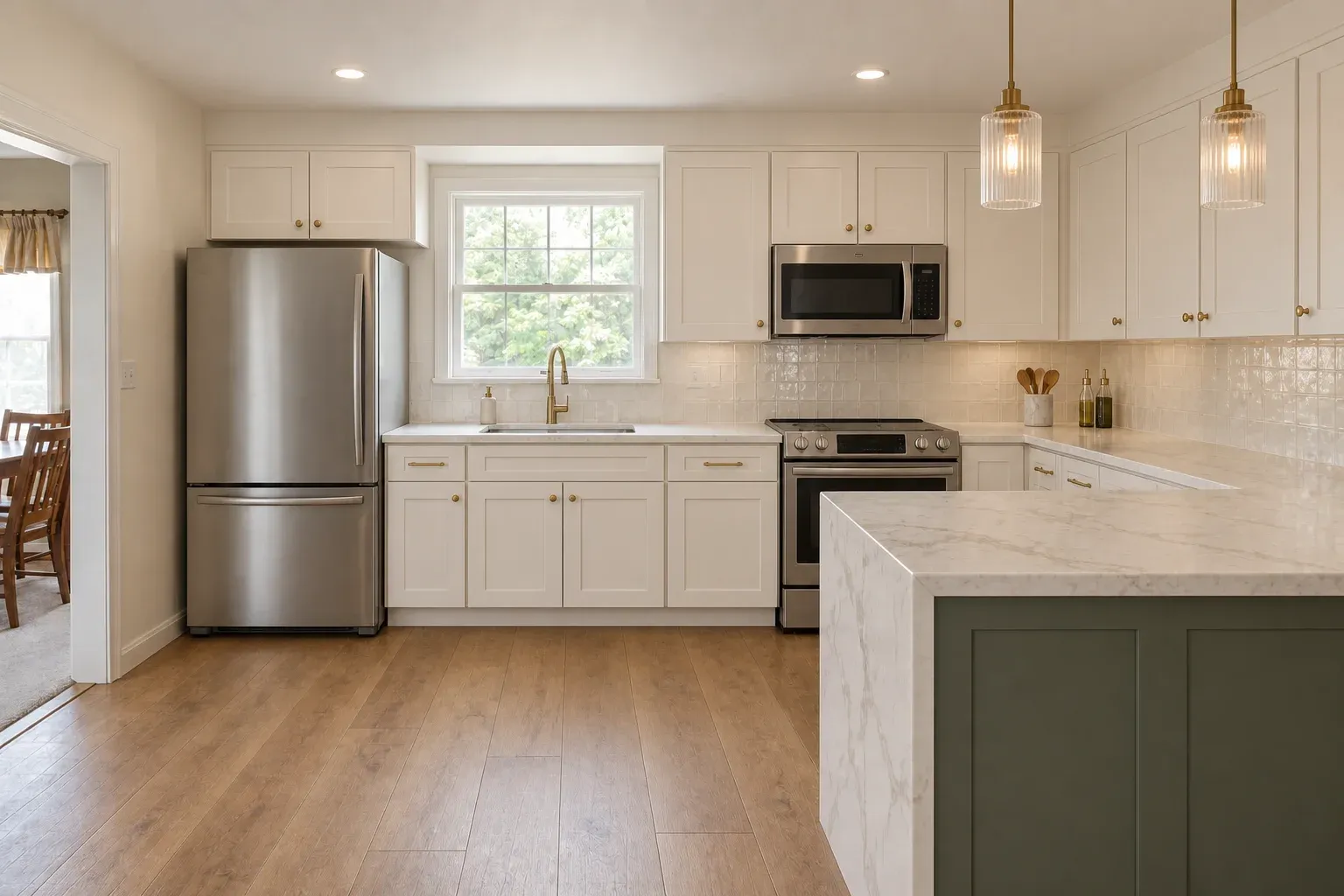 The same kitchen after remodeling in cream shaker with a green peninsula and quartz counters