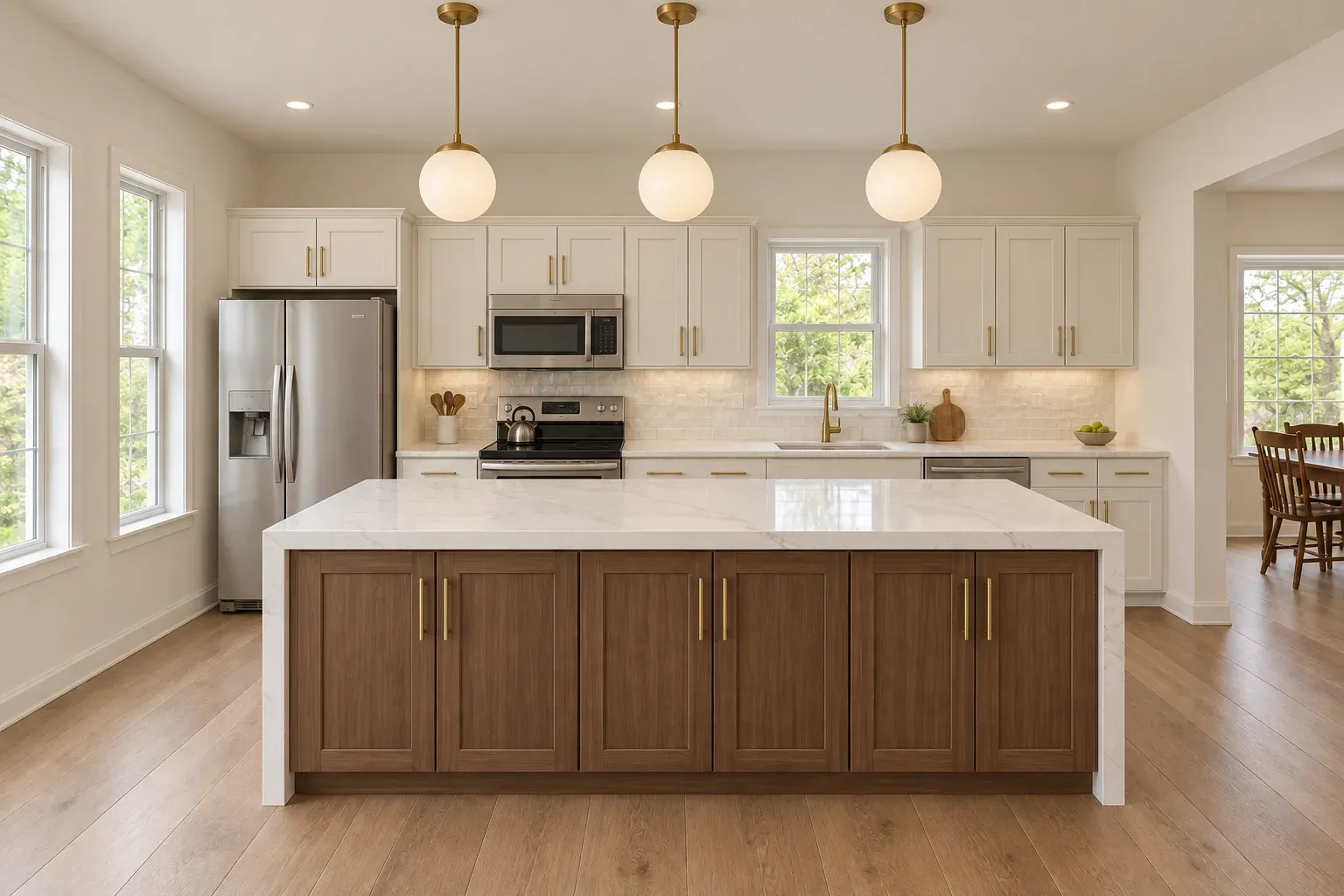 The same kitchen after remodeling with white cabinetry and a walnut island under globe pendants