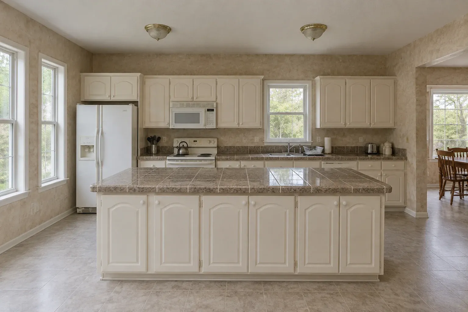 Cream arched-door kitchen with a tiled island counter before remodeling