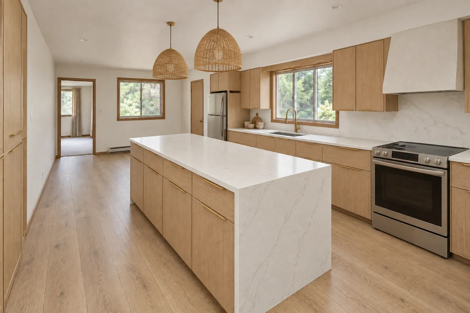 The same kitchen after remodeling with light oak flat-panel cabinetry and a quartz waterfall island