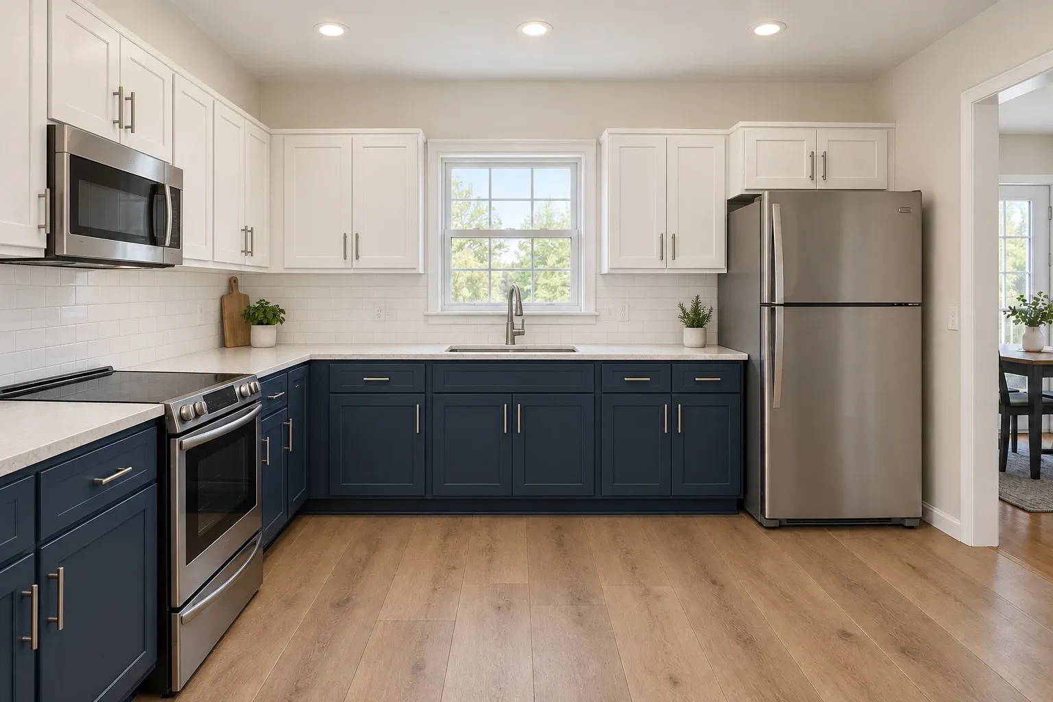 The same kitchen after remodeling with white upper cabinets over navy bases and a subway backsplash