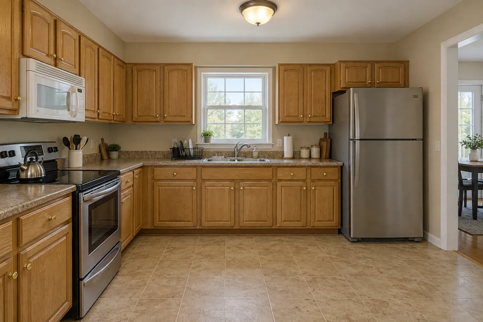 Honey oak galley kitchen with laminate counters and tile flooring before remodeling