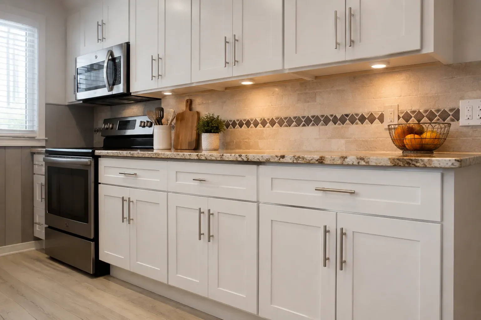 Refreshed white shaker cabinet fronts beneath an existing granite countertop