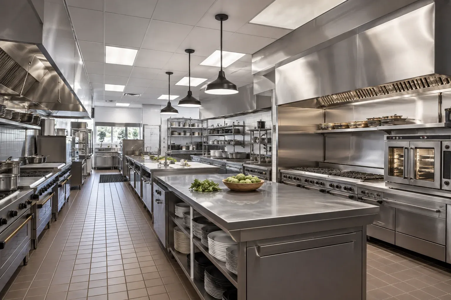 Commercial kitchen with stainless steel prep islands and large ventilation hoods