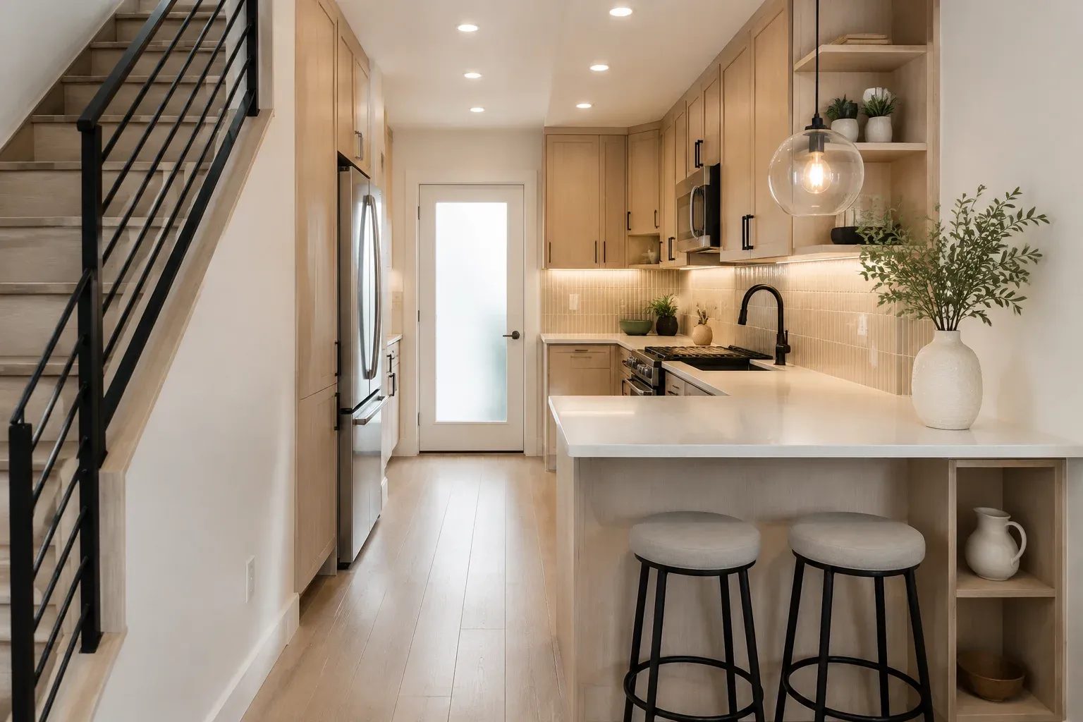 Compact townhome kitchen with a peninsula beside a staircase