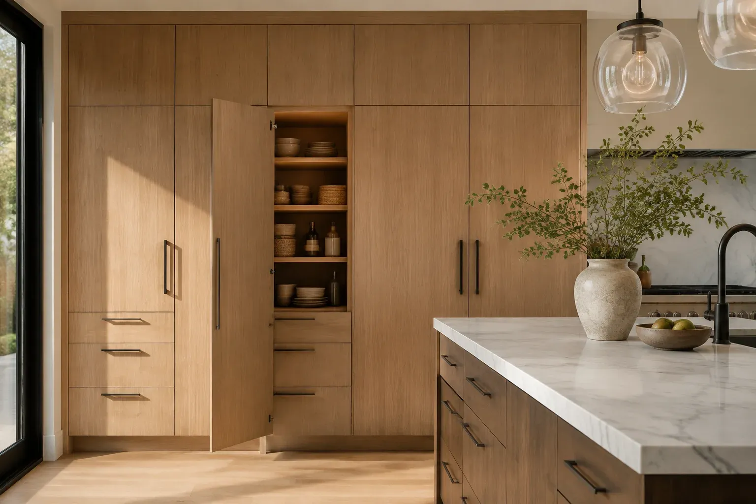 Custom oak kitchen cabinetry with a fitted open pantry