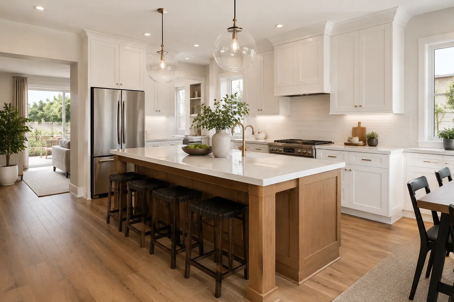 White shaker kitchen with an oak island and stainless steel appliances