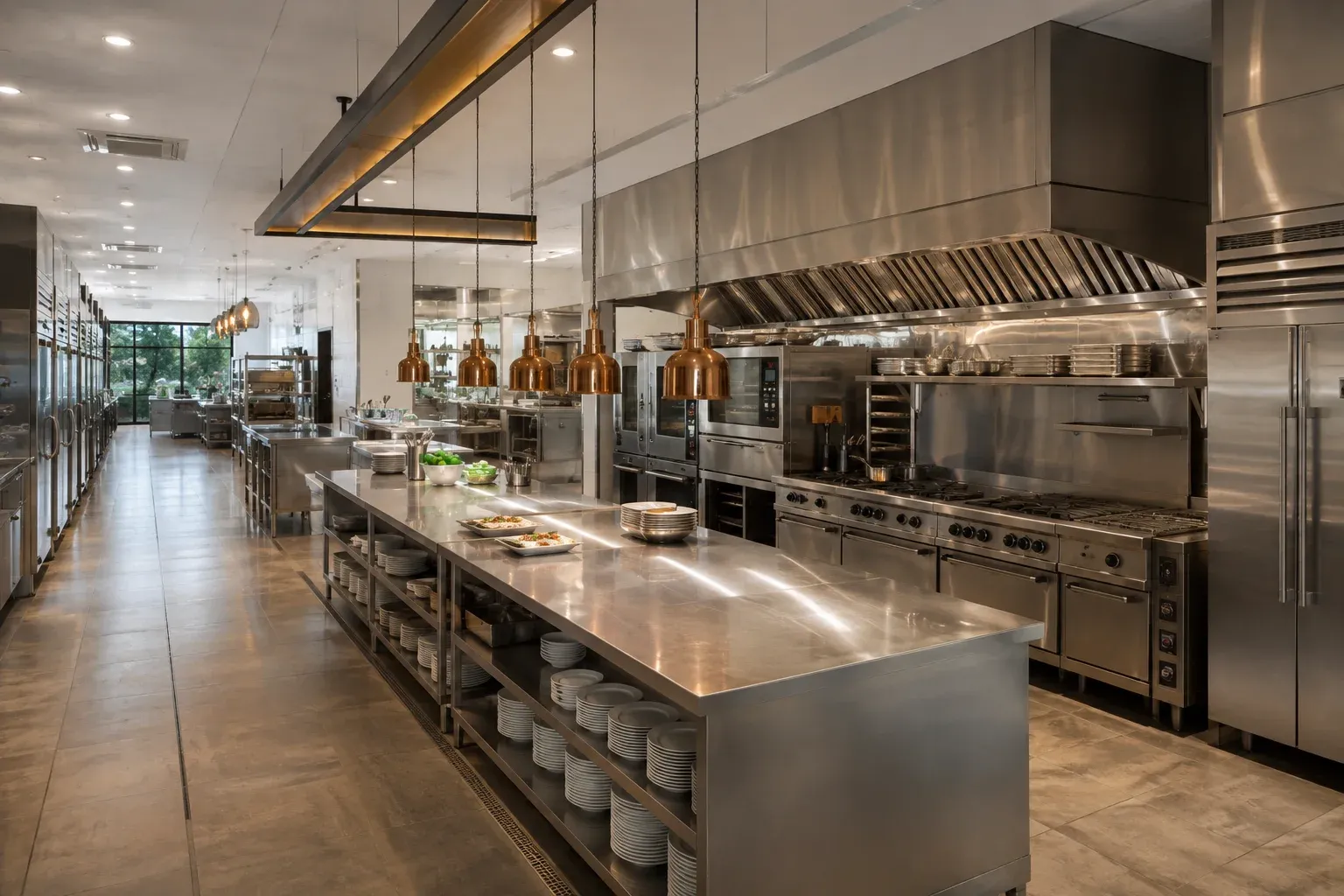 Hotel catering kitchen with stainless steel plating counters and commercial ovens