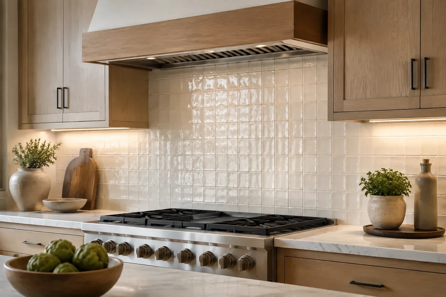 Ivory glazed tile backsplash with warm under-cabinet lighting