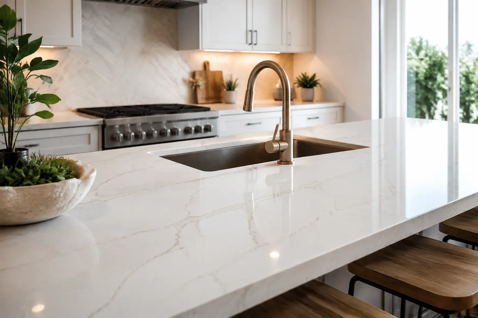 White quartz countertop with subtle veining and an undermount sink