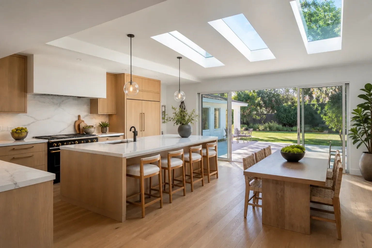 Expanded kitchen with skylights, a large island and sliding garden doors