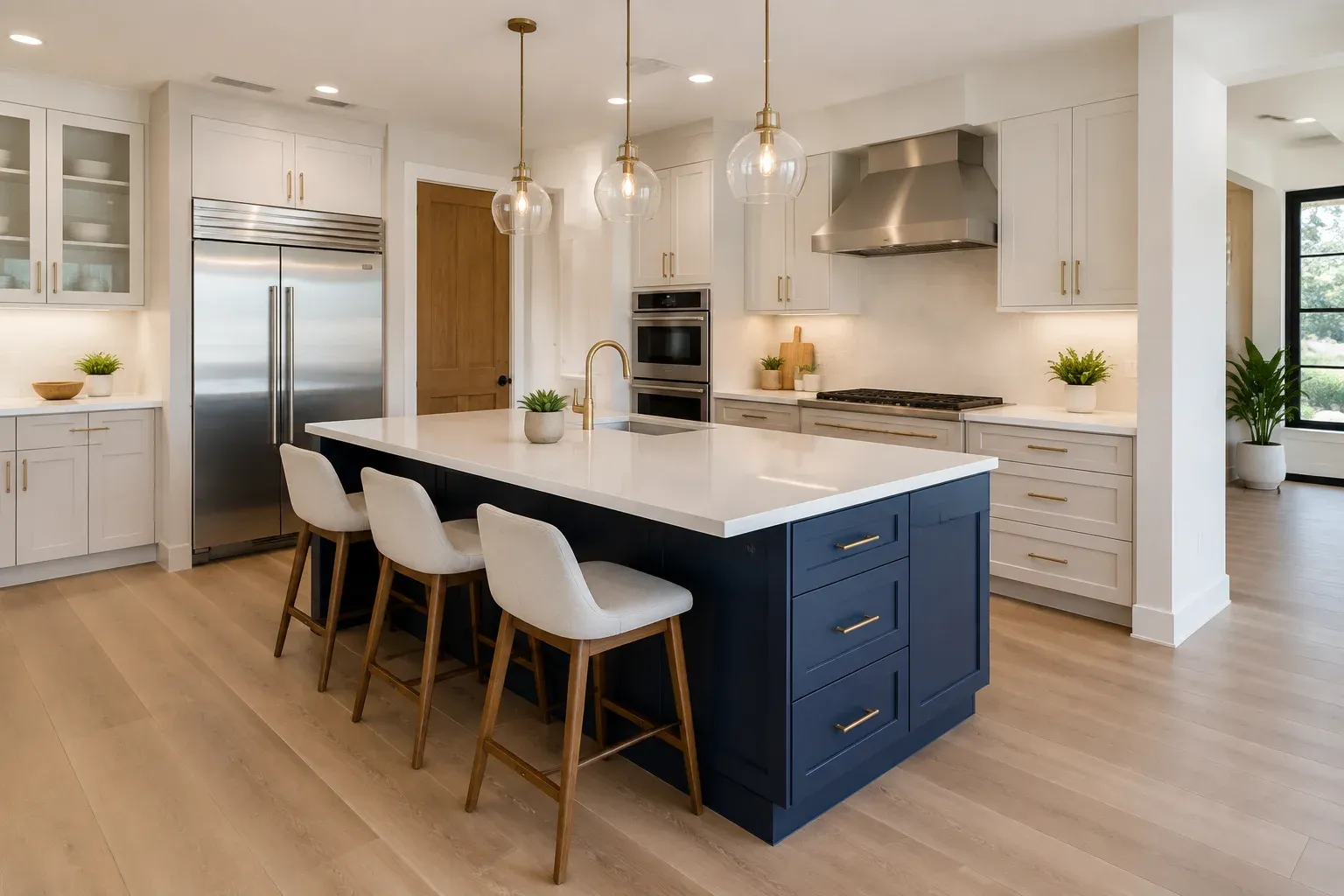 Navy kitchen island with a white quartz countertop and three stools