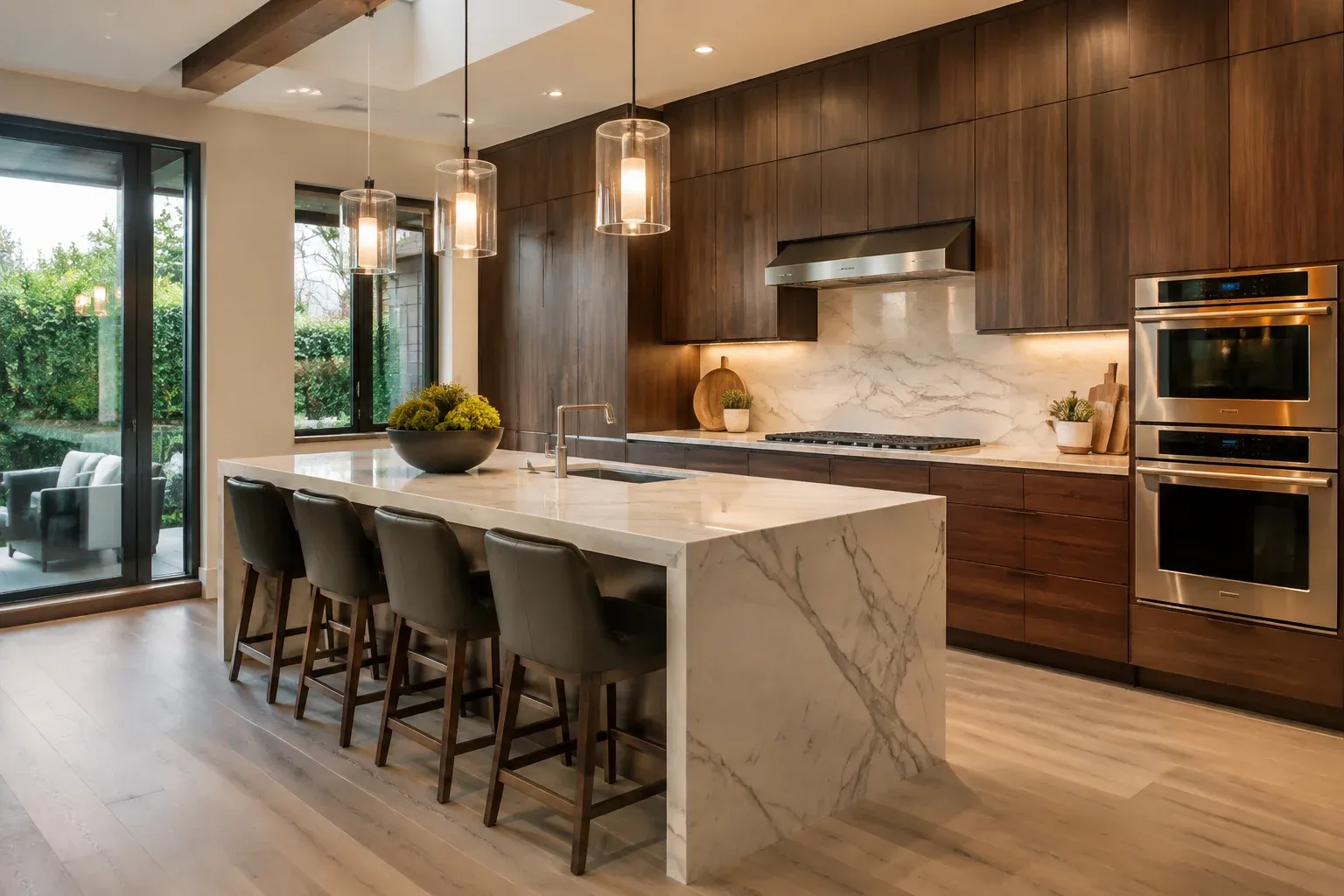 Walnut kitchen with a stone waterfall island and pendant lighting