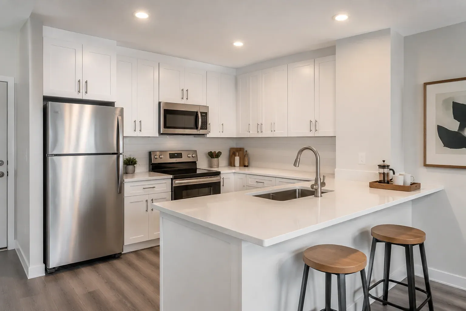 Compact apartment kitchen with white shaker cabinets and a quartz peninsula