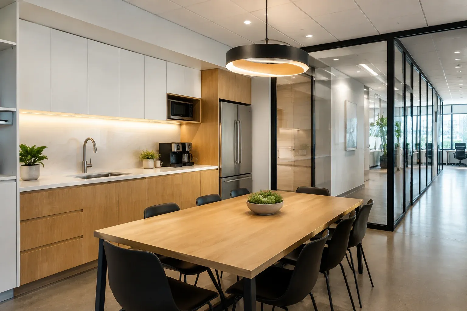 Office breakroom with oak cabinetry, coffee station and communal dining table