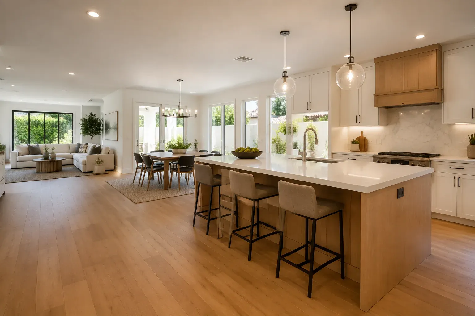 Open kitchen connected to a dining area and living room