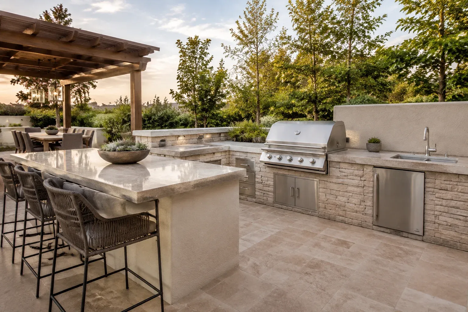 Outdoor kitchen with a built-in grill, stone counters and adjacent pergola dining