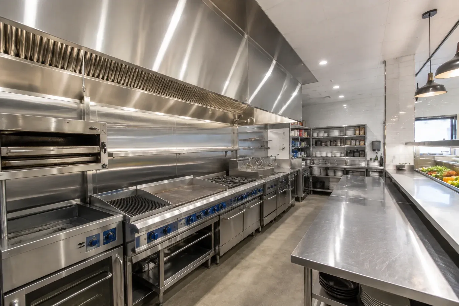 Restaurant kitchen with a commercial cookline and stainless steel prep counters