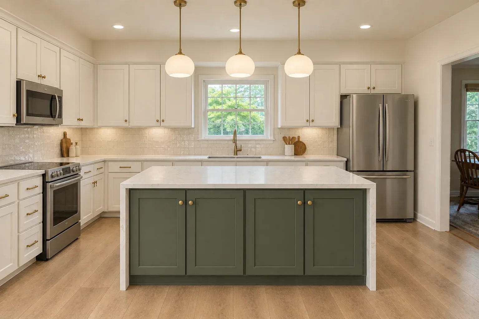 The same kitchen after remodeling with white shaker cabinets and an olive green island